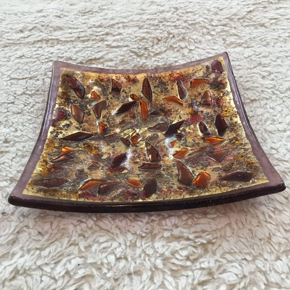 Brown Inlaid Glass Dish w/ 4 Curved Corners